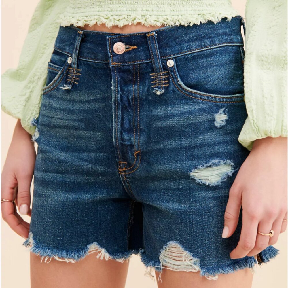 FREE PEOPLE We The Free Makai Distressed Denim Shorts in Deep Sea, 25 NWOT